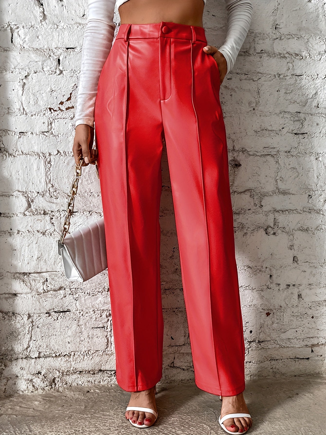 Women's Loose Casual Soft Black Burgundy Pu Leather Wide Leg Pants