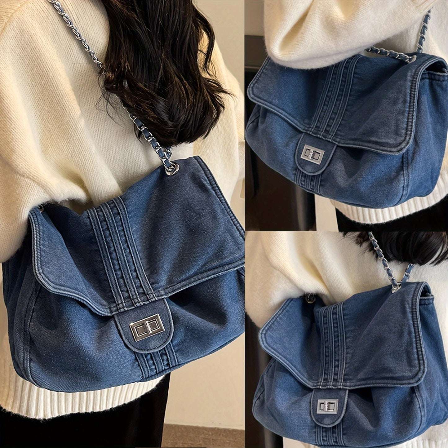 Chic Denim Crossbody Bag for Women - Casual Large Capacity Tote with Adjustable Strap, Twist Lock Closure, Blue