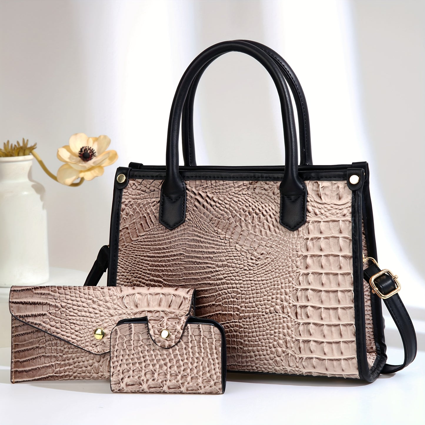 Elegant Large Capacity Crossbody Tote Bag, Faux Leather Handbag with Embroidered Design, Zip Closure, Fixed Strap - Black, Crossbody Purse,