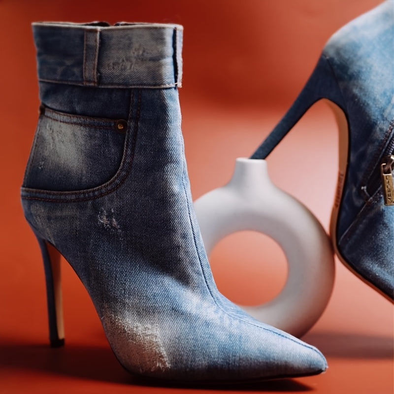 Chic Denim Ankle Booties for Women - Pointed Toe, High Heel with Side Zipper, Fashionable Blue Cowgirl Boots