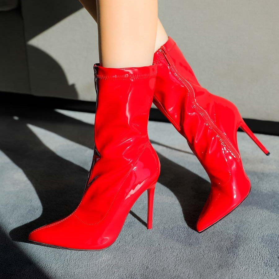 Women's Patent Leather PU Mid-Calf Boots Pointy Toe Side Zipper Fashion Comfy Sexy Kitten Heel Boots