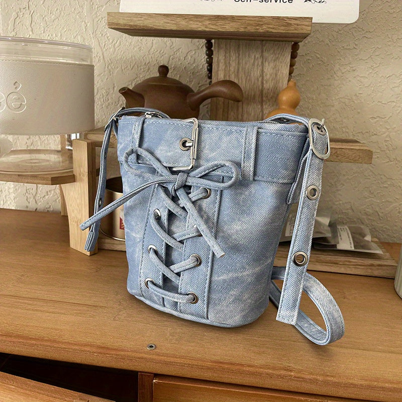 Women's Fashion Crossbody Bag, Vintage Simple Style, Bowknot Design, Denim Bucket Bag, Durable Travel Shoulder Bag Washable or Dry Clean, Oil-Edged, Polyester Lining, Zip Closure