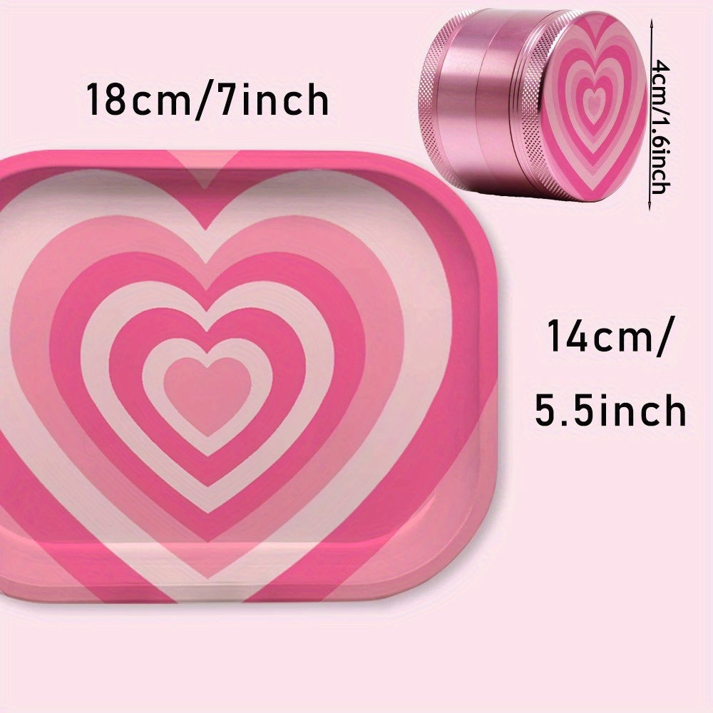 2 Pieces LOVE Heart Herb Grinder Roling Tray Combo Girly PINK Tobacco Kits