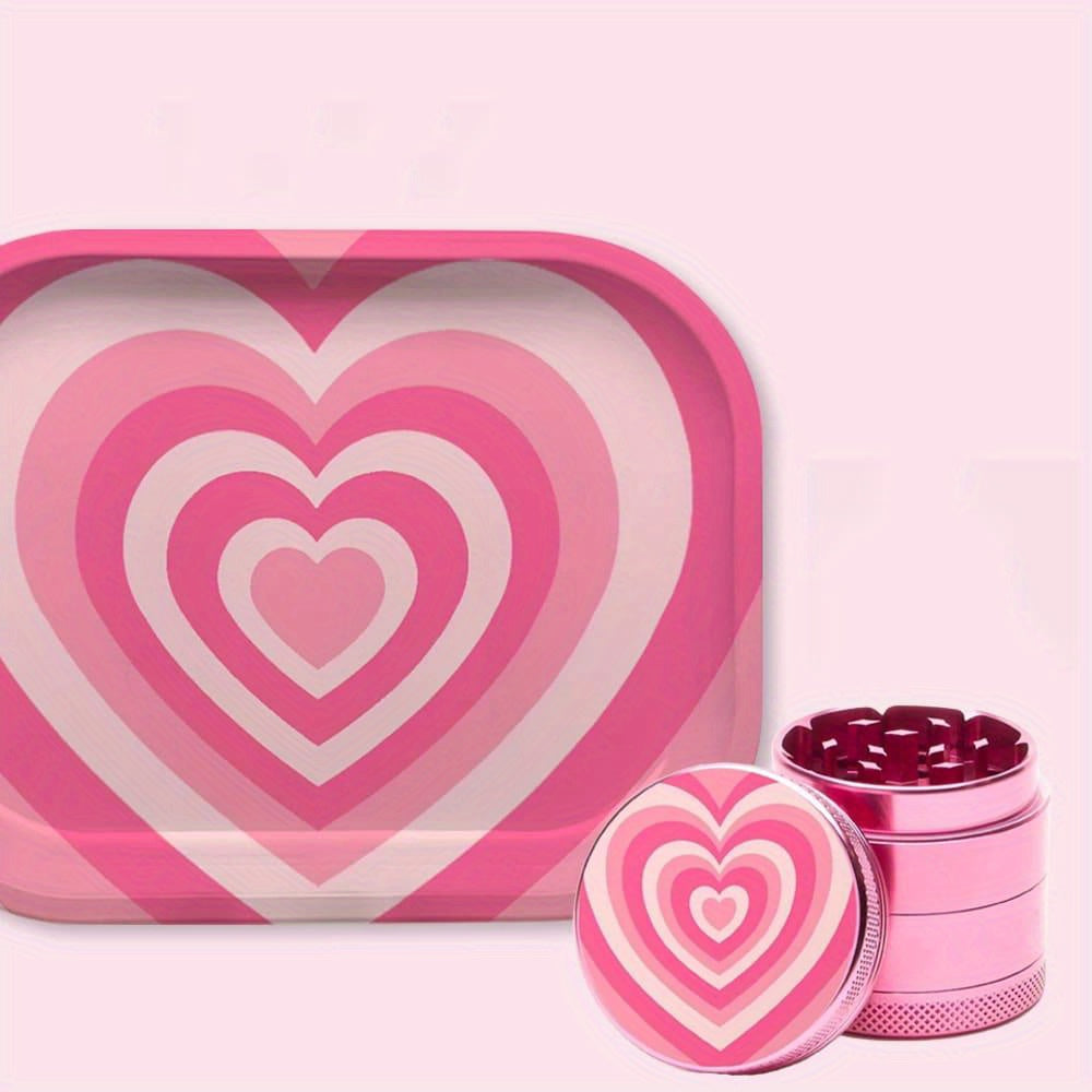 2 Pieces LOVE Heart Herb Grinder Roling Tray Combo Girly PINK Tobacco Kits