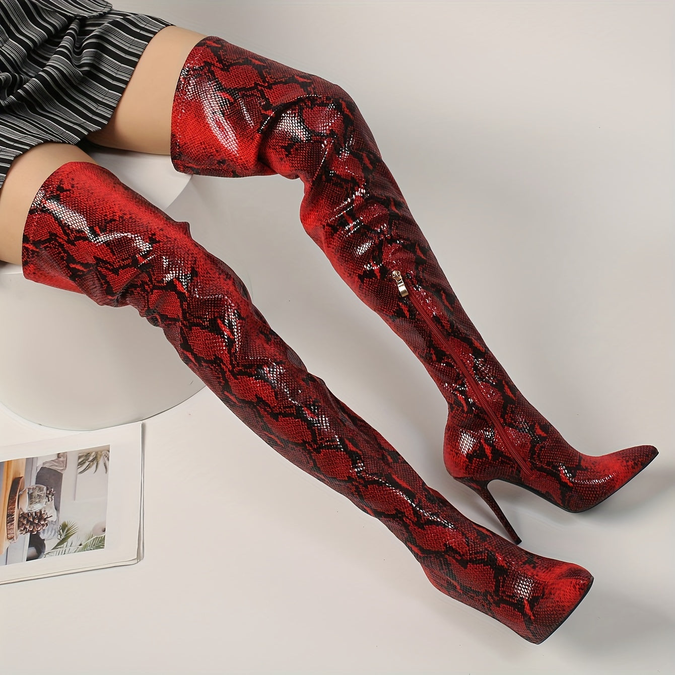 Women's Chic Snakeskin Print Over-the-Knee Boots Sexy Pointed Toe, Stiletto Heel with Side Zipper, Faux Cover