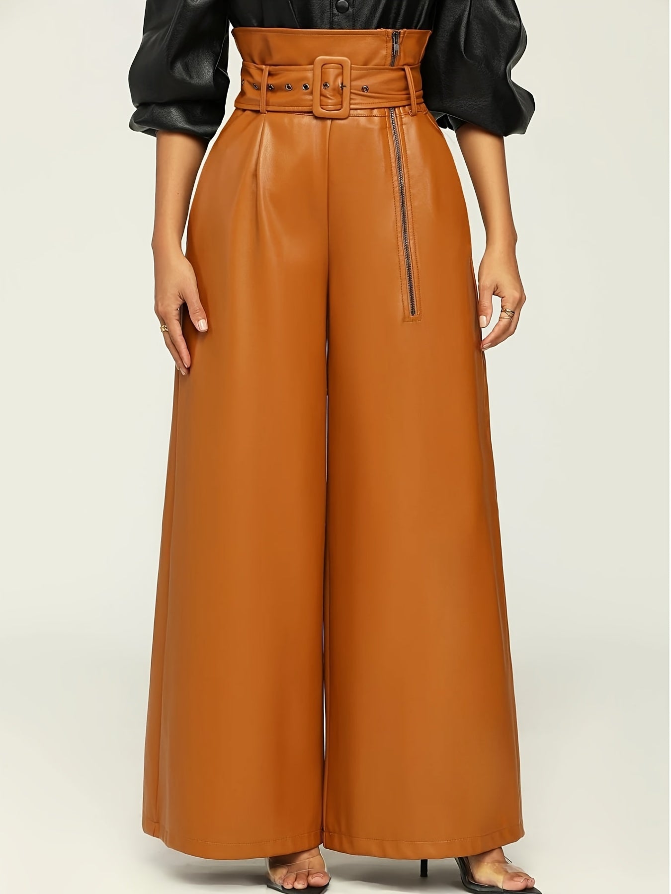 Timeless Elegance, Elegant Wide-Leg PU Leather Pants with Metal Belt - High Waist, Non-Sheer, Stretch Fabric for Women