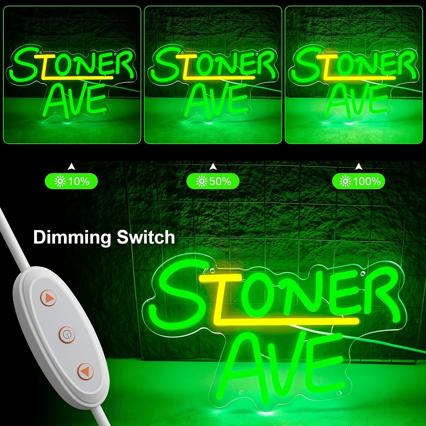 STONER AVE" Neon Sign - Green & Yellow LED Wall Art, USB Powered, No Battery Needed, Ideal for Man Cave, Garage, or Repair Shop Decor, Garage Wall Art | Retro Neon Style | Durable Plastic Sign, Neon Sign
