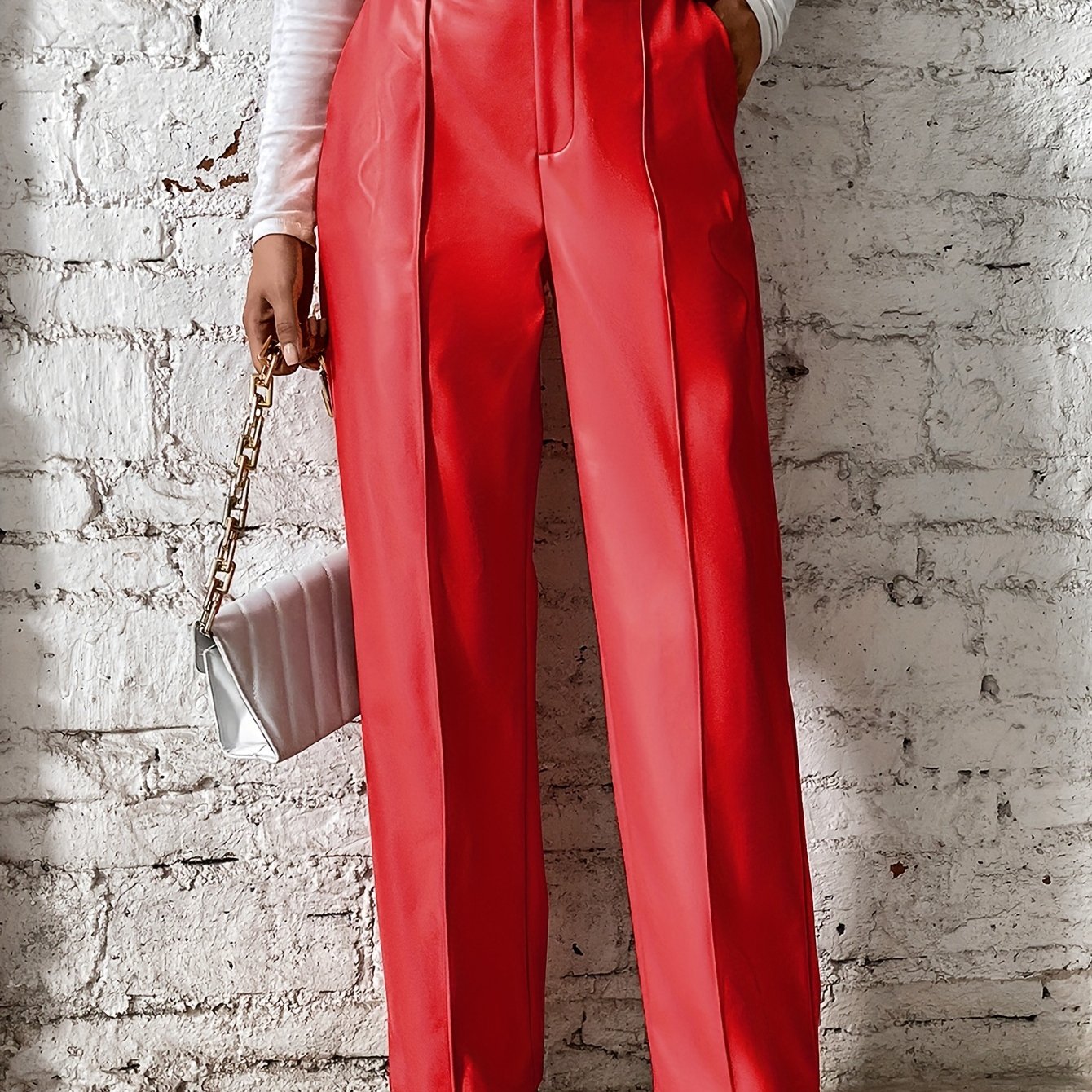 Women's Loose Casual Soft Black Burgundy Pu Leather Wide Leg Pants