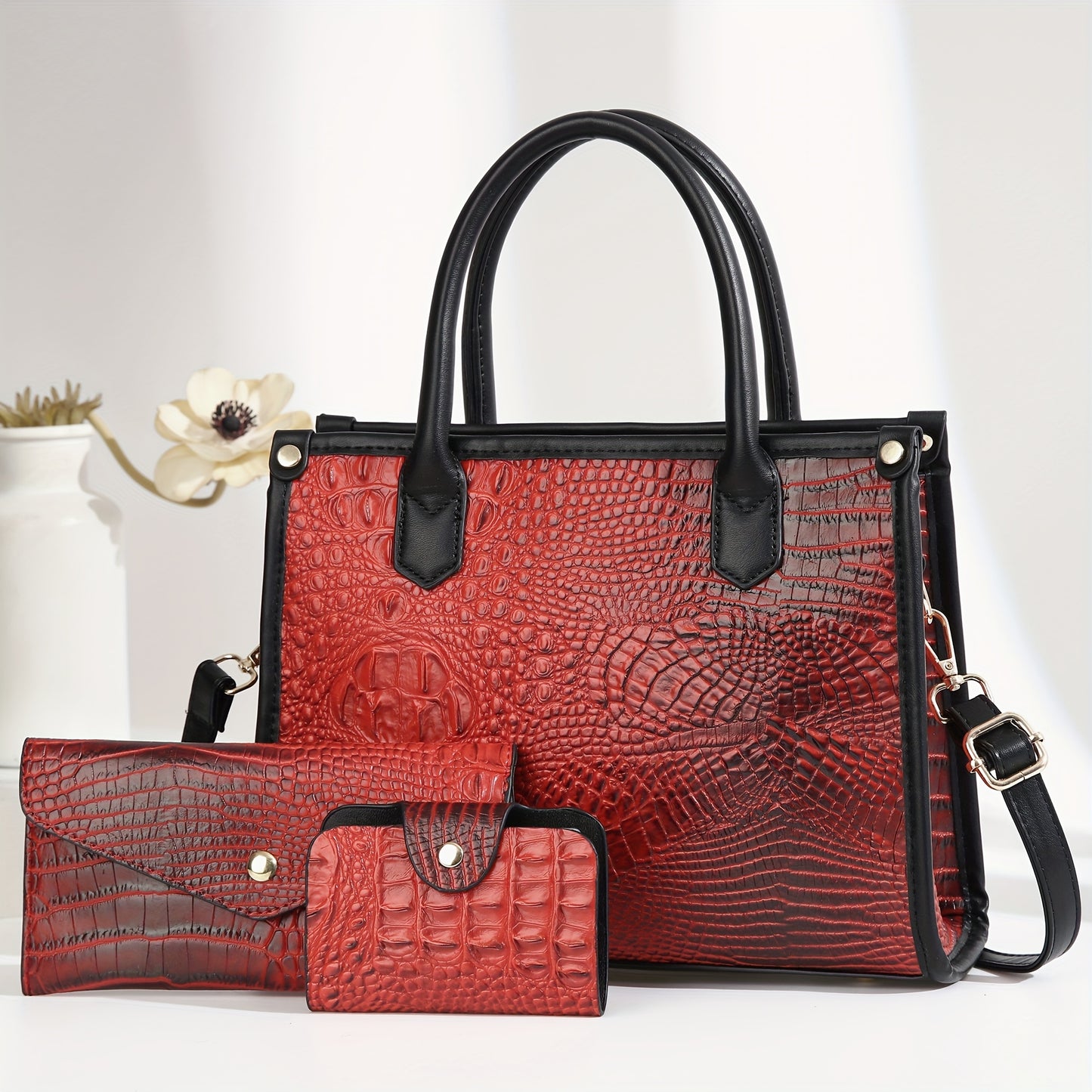 Elegant Large Capacity Crossbody Tote Bag, Faux Leather Handbag with Embroidered Design, Zip Closure, Fixed Strap - Black, Crossbody Purse,