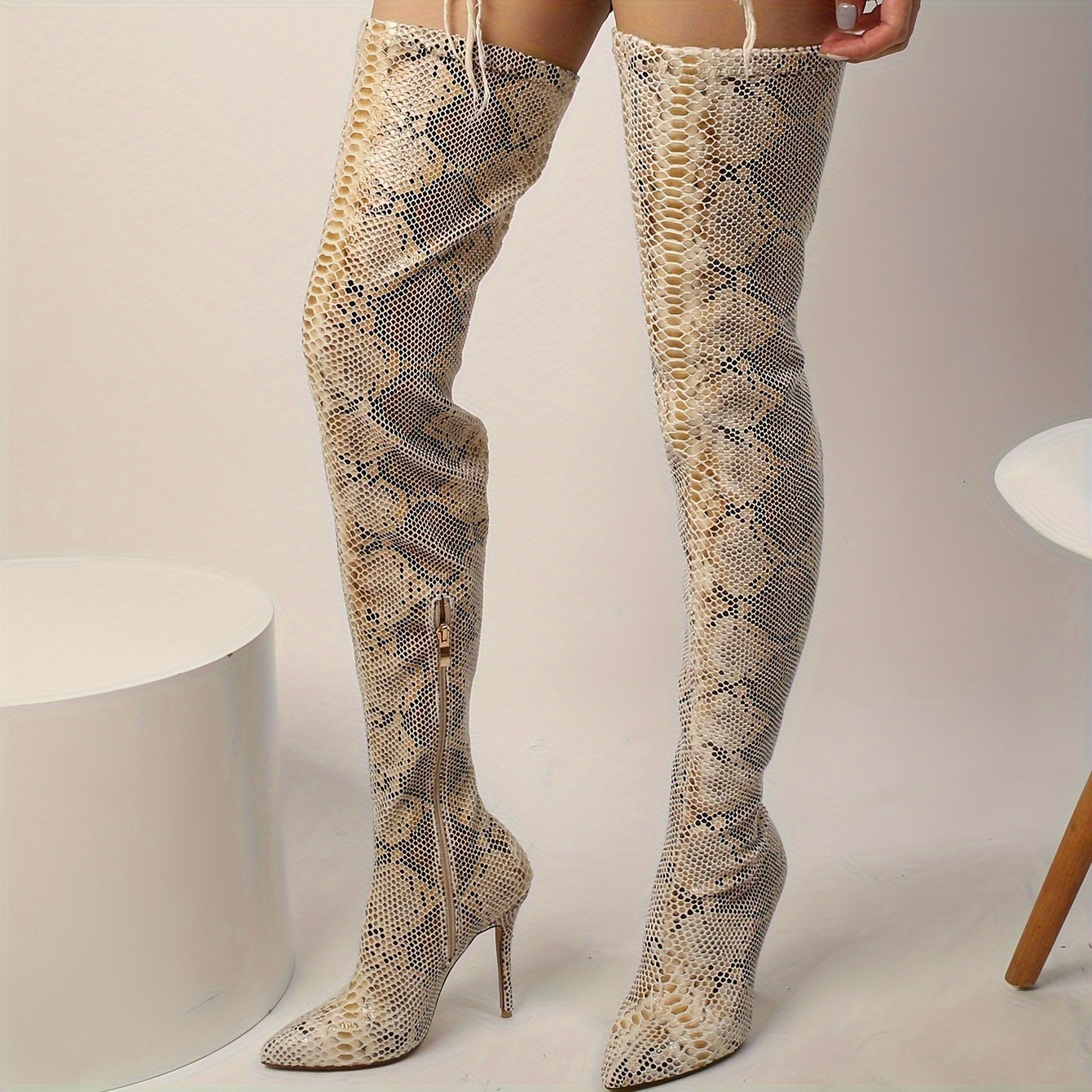 Women's Chic Snakeskin Print Over-the-Knee Boots Sexy Pointed Toe, Stiletto Heel with Side Zipper, Faux Cover