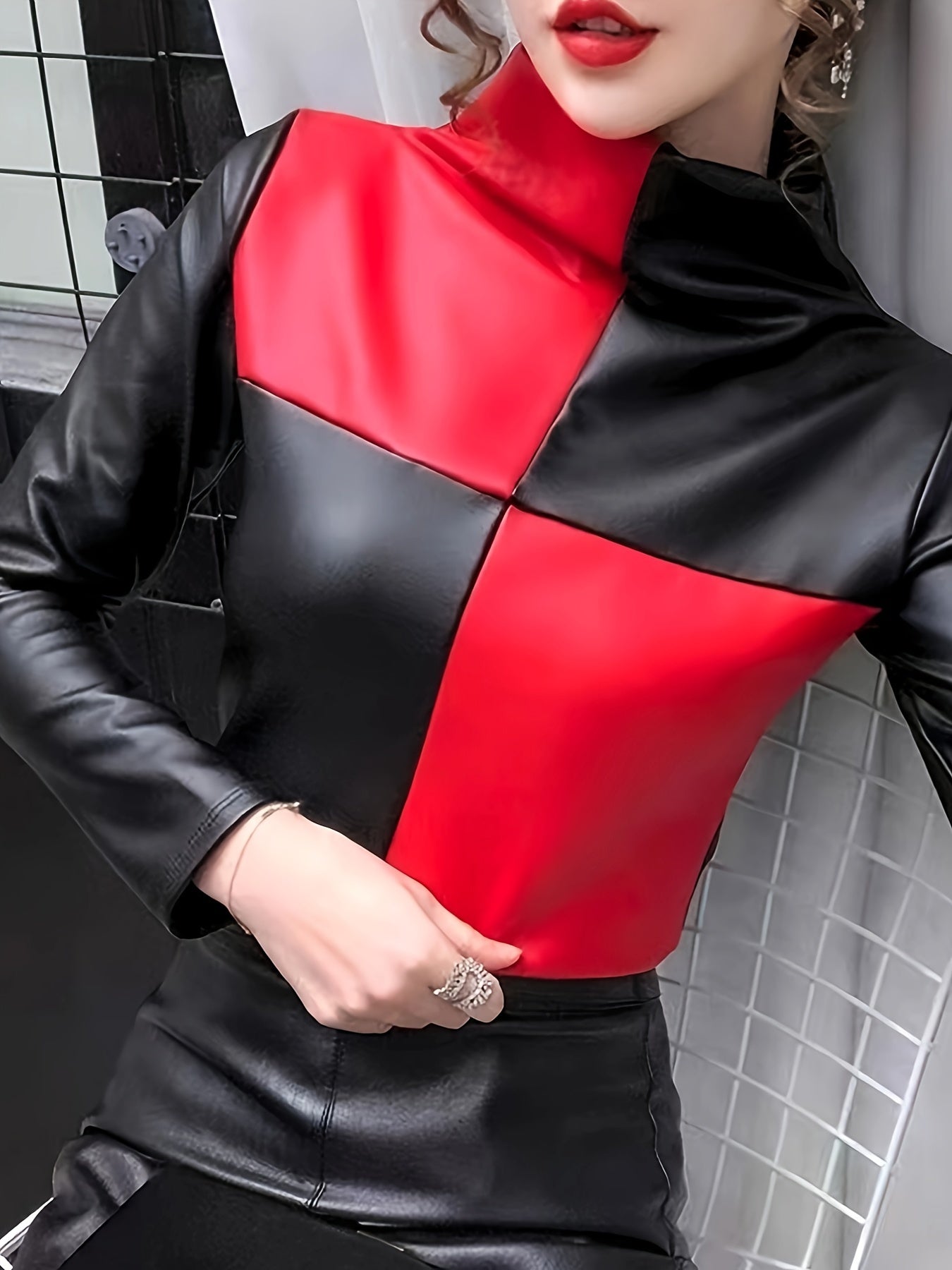 Elegant High Neck Color Block Faux Leather Blouse Polyester 100%, Stretch Fit, Solid Color Block Design