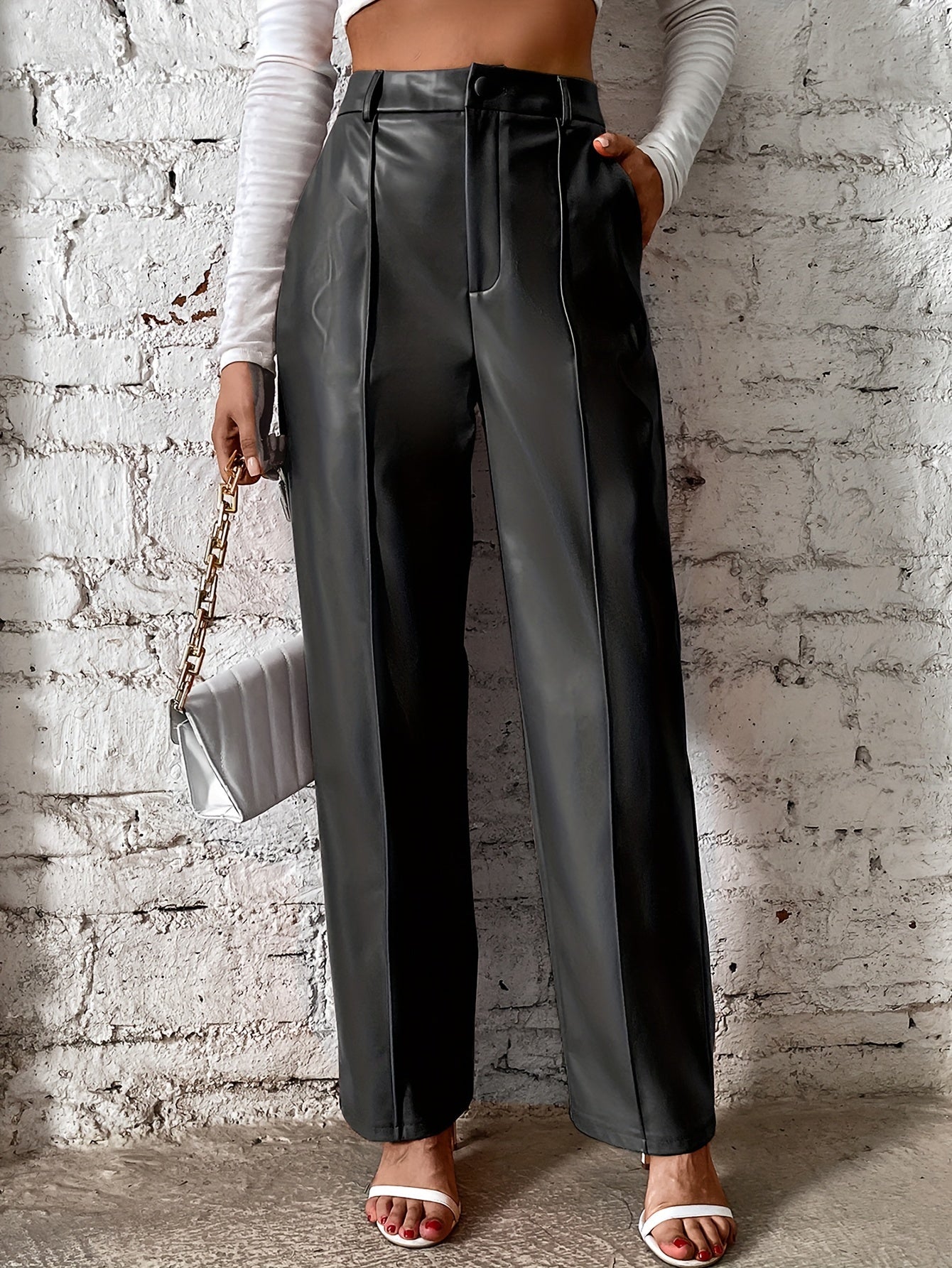Women's Loose Casual Soft Black Burgundy Pu Leather Wide Leg Pants