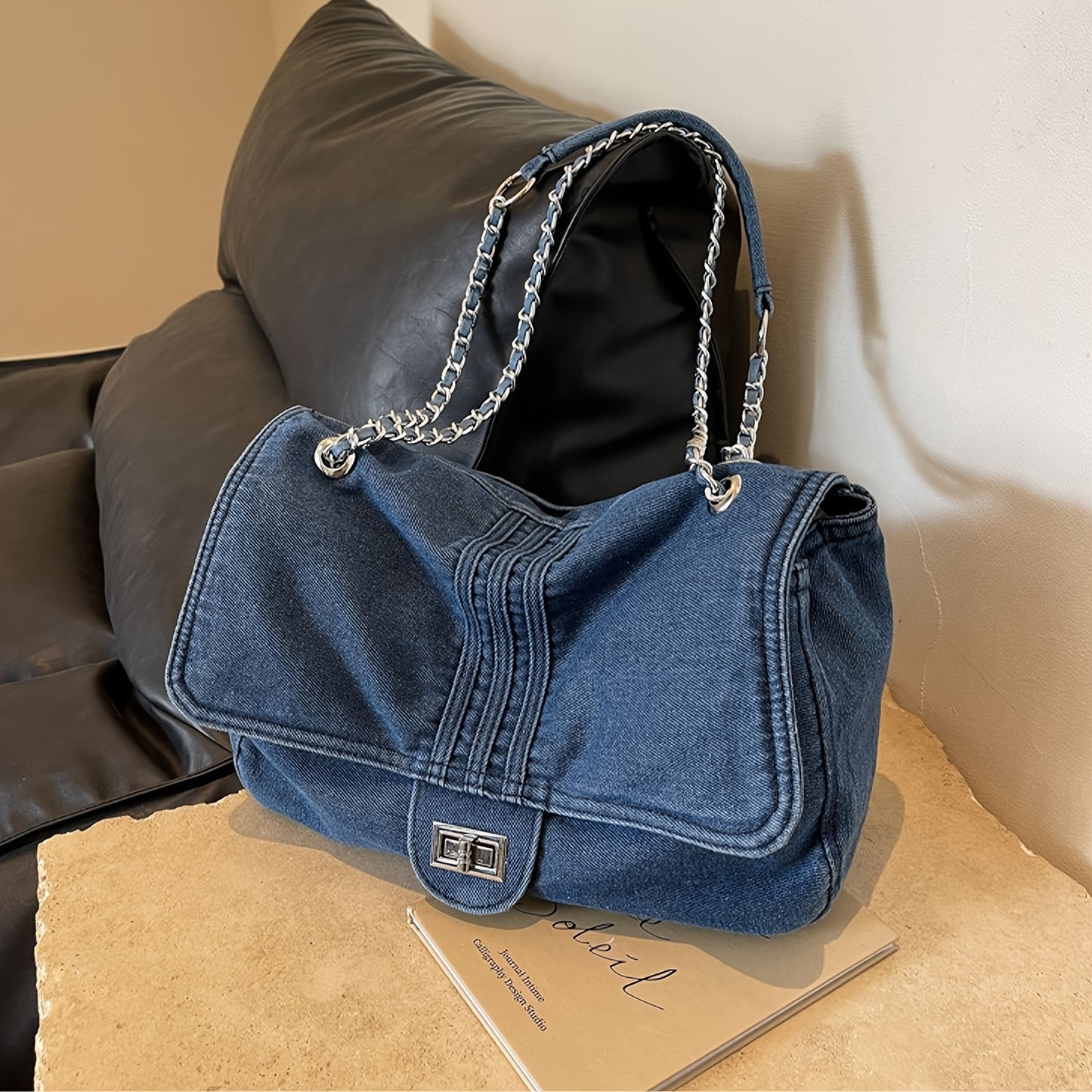 Chic Denim Crossbody Bag for Women - Casual Large Capacity Tote with Adjustable Strap, Twist Lock Closure, Blue