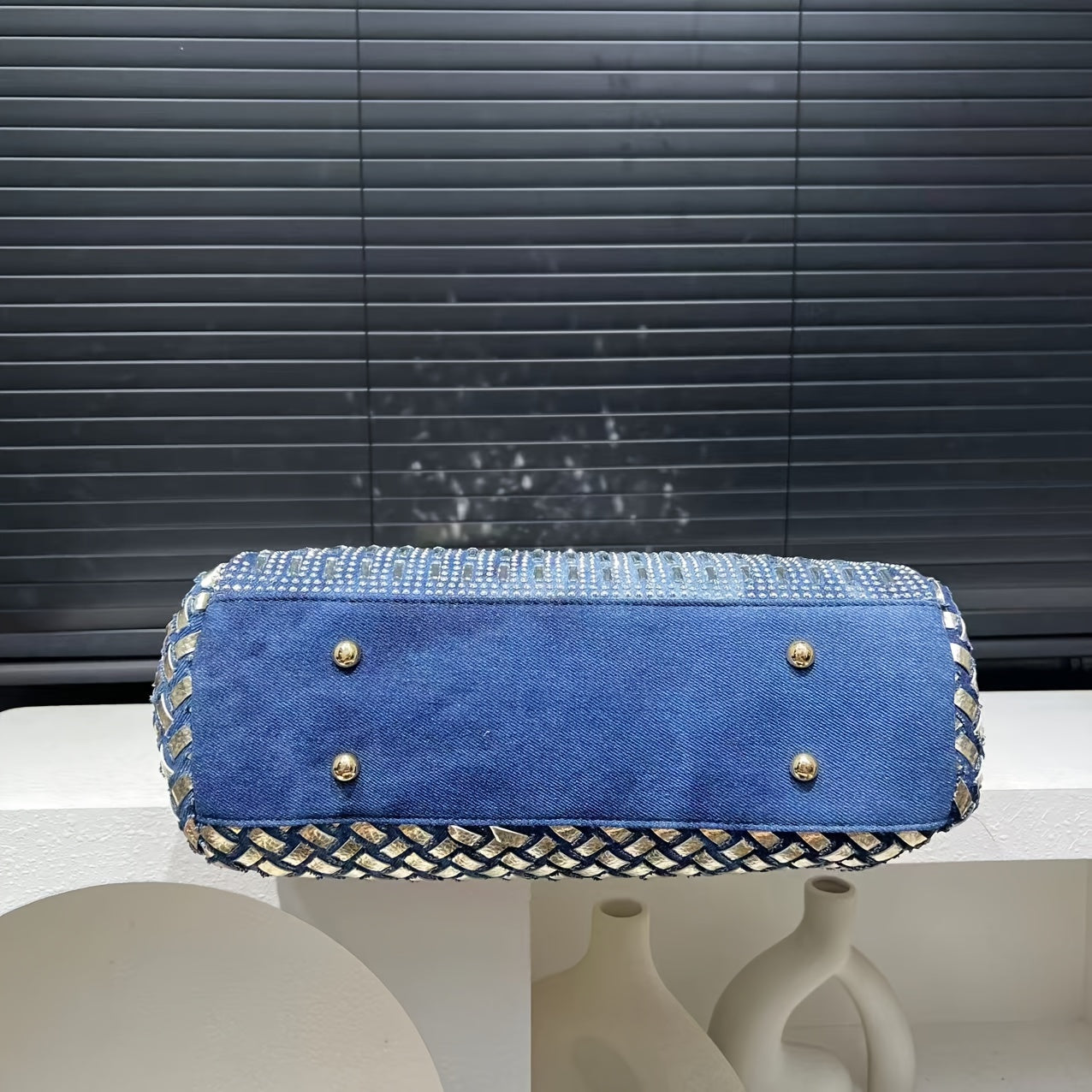 Elegant Denim Tote Bag for Women with Rhinestone Accents, Detachable Strap - Chic Blue Shoulder & Crossbody Handbag, Weaving,