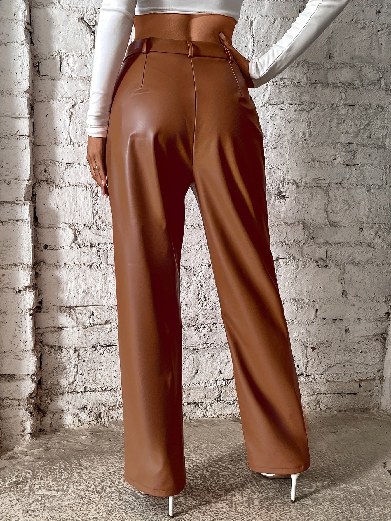 Women's Loose Casual Soft Black Burgundy Pu Leather Wide Leg Pants