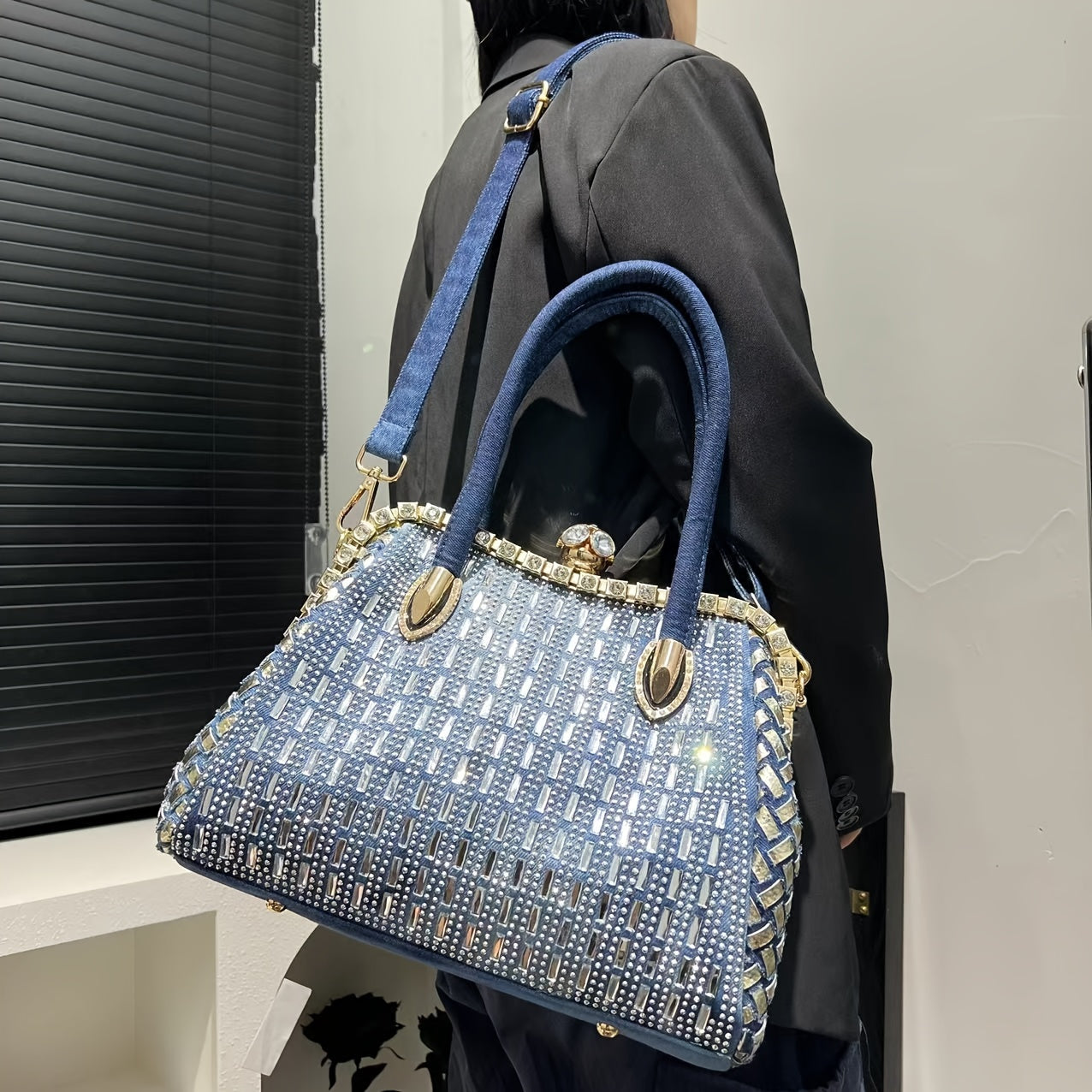 Elegant Denim Tote Bag for Women with Rhinestone Accents, Detachable Strap - Chic Blue Shoulder & Crossbody Handbag, Weaving,