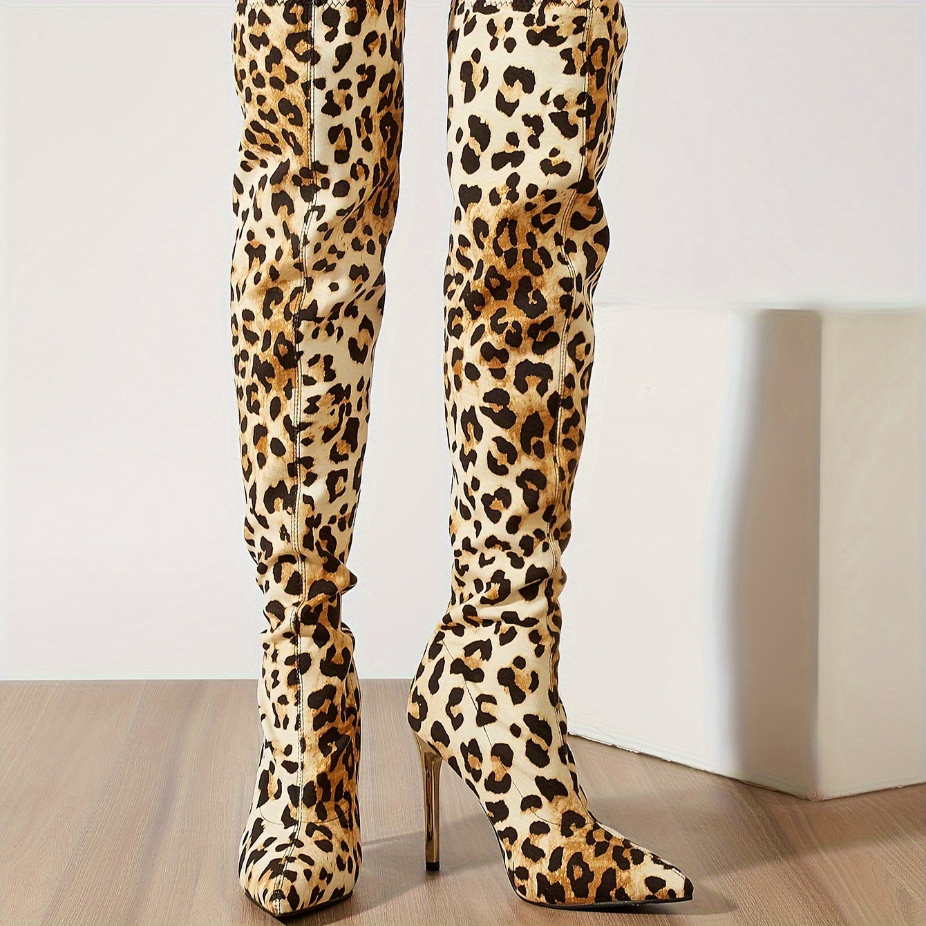 Women's Leopard Print Stiletto Heel Boots - Sexy Slip-On Over-the-Knee Fashion Boots with Pointed Toe and Elastic Fabric Upper for All Seasons