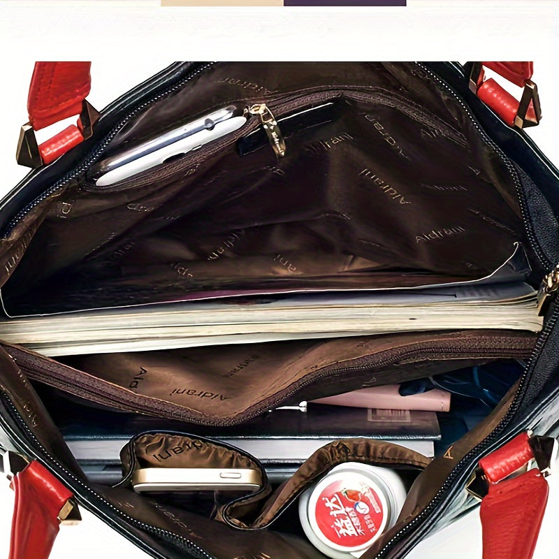 Genuine Leather Shoulder Bag for Women, Casual Water-Resistant Handbag with Adjustable Strap, Solid Color Red & Black Zipper Closure, Hand Wash or Professional Clean
