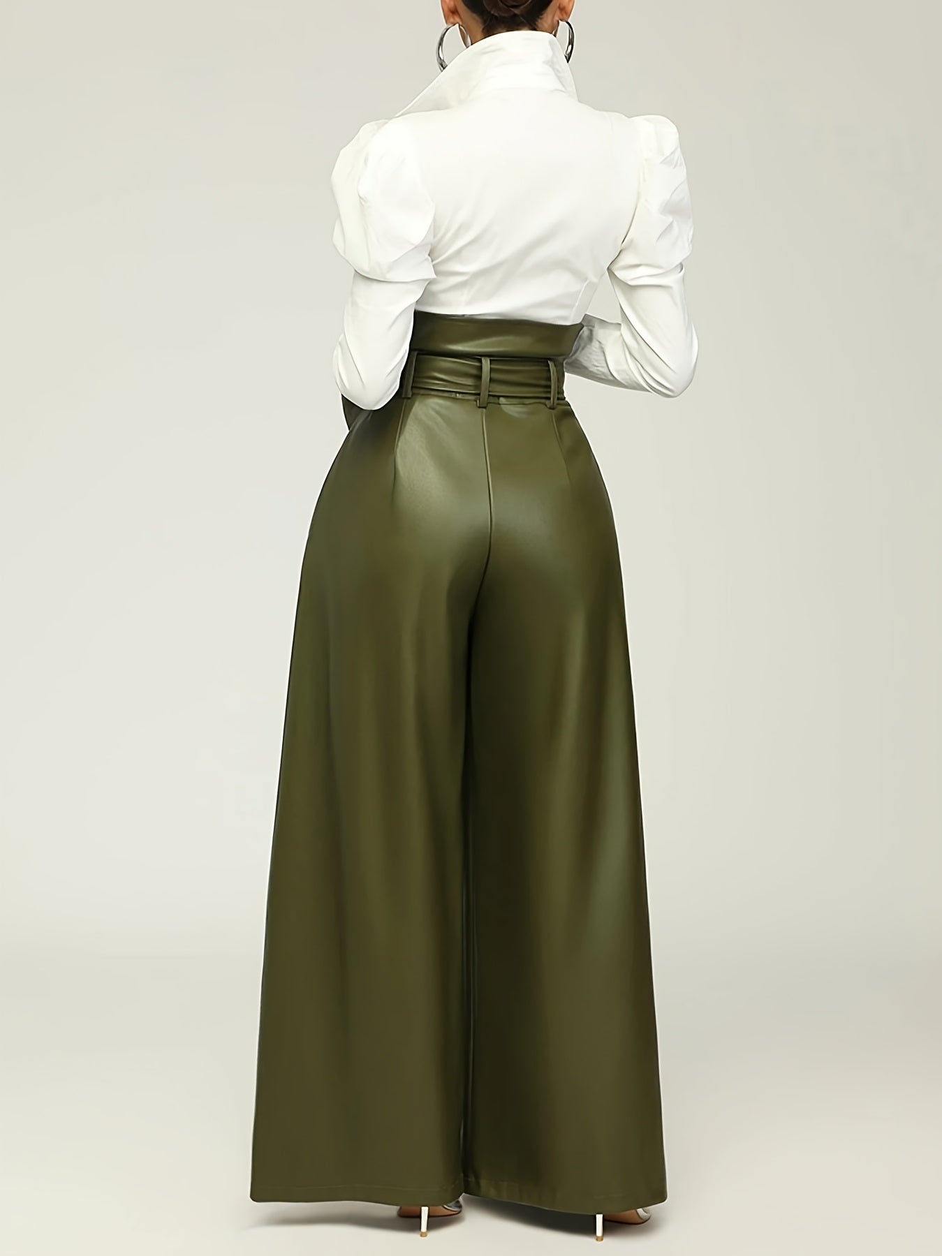 Timeless Elegance, Elegant Wide-Leg PU Leather Pants with Metal Belt - High Waist, Non-Sheer, Stretch Fabric for Women