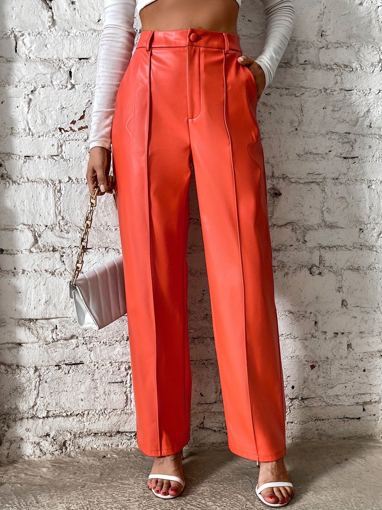 Women's Loose Casual Soft Black Burgundy Pu Leather Wide Leg Pants