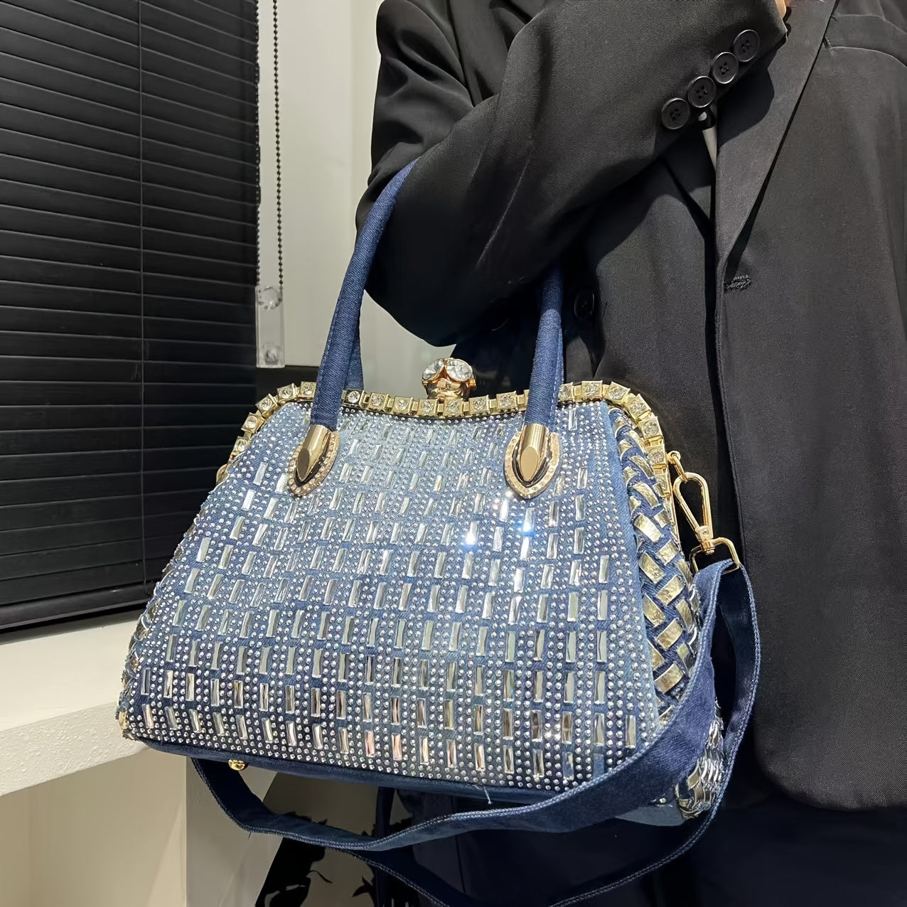 Elegant Denim Tote Bag for Women with Rhinestone Accents, Detachable Strap - Chic Blue Shoulder & Crossbody Handbag, Weaving,