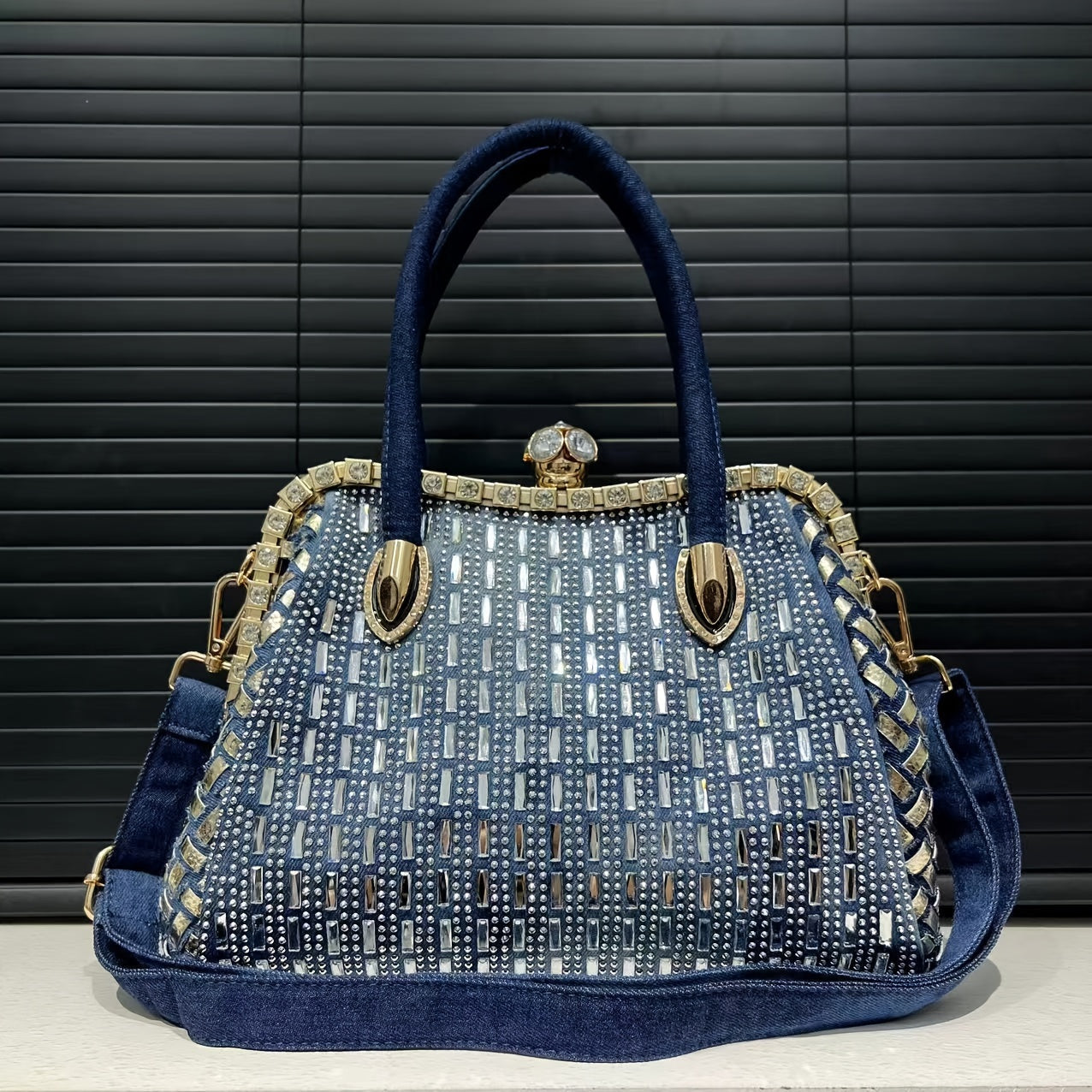Elegant Denim Tote Bag for Women with Rhinestone Accents, Detachable Strap - Chic Blue Shoulder & Crossbody Handbag, Weaving,