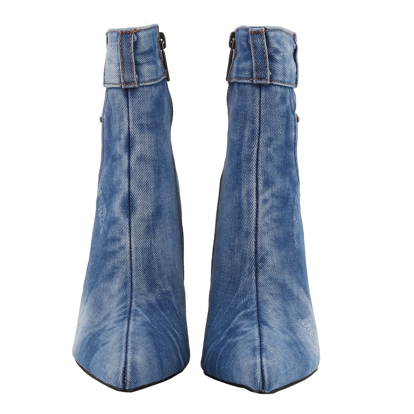 Chic Denim Ankle Booties for Women - Pointed Toe, High Heel with Side Zipper, Fashionable Blue Cowgirl Boots