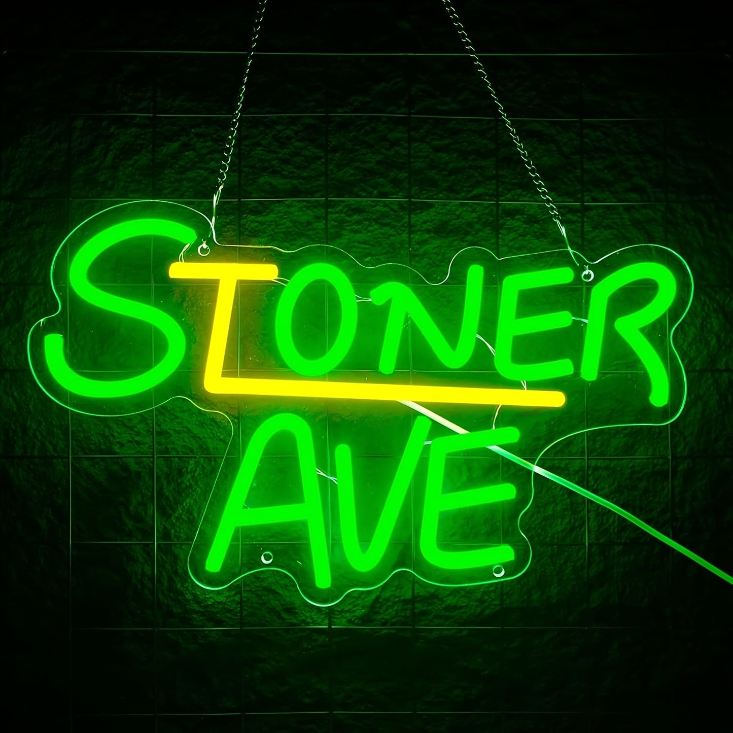 STONER AVE" Neon Sign - Green & Yellow LED Wall Art, USB Powered, No Battery Needed, Ideal for Man Cave, Garage, or Repair Shop Decor, Garage Wall Art | Retro Neon Style | Durable Plastic Sign, Neon Sign