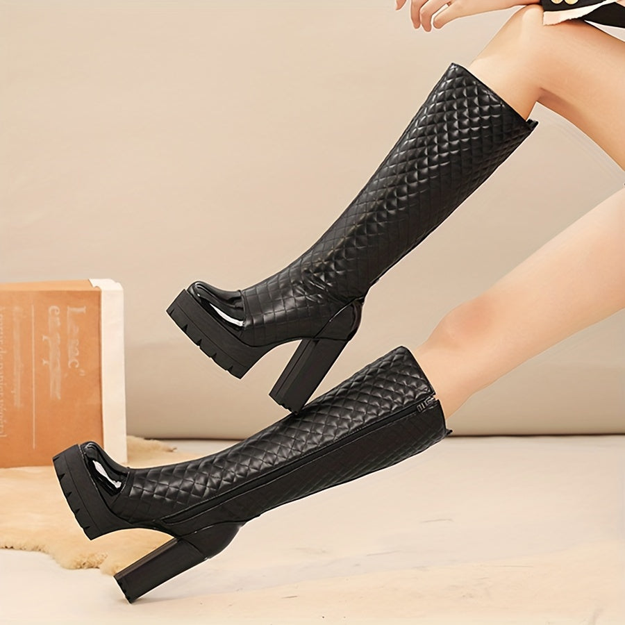 Women's Plaid Pattern Block Heeled Boots, Fashion Side Zipper Platform Boots, Stylish Solid Color Long Boots