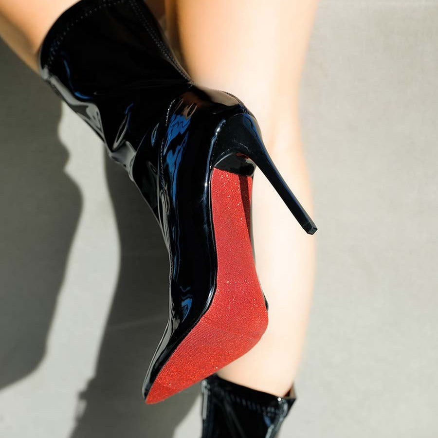 Women's Patent Leather PU Mid-Calf Boots Pointy Toe Side Zipper Fashion Comfy Sexy Kitten Heel Boots