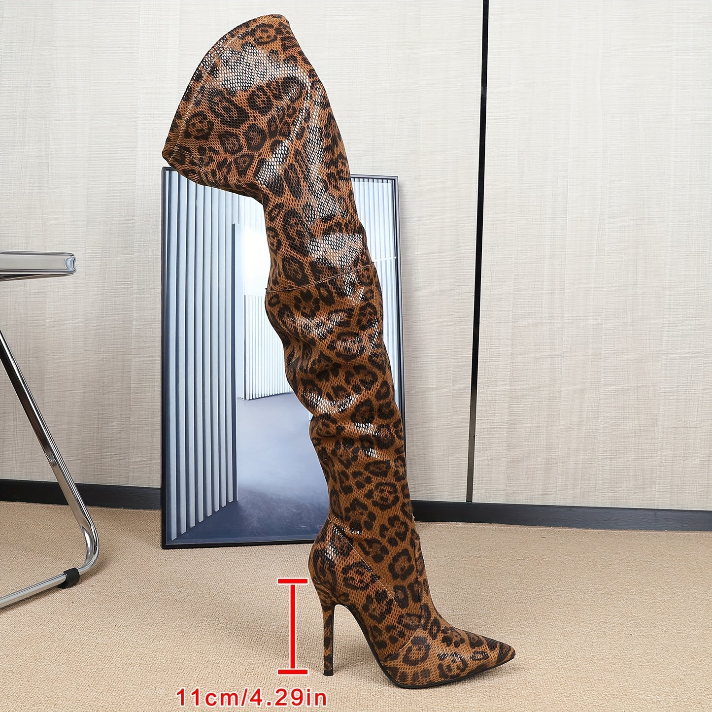 Women's Leopard Print Over-the-Knee Boots with Stiletto Heel and Pointed Toe - Sexy High Heel Zippered Dress Boots