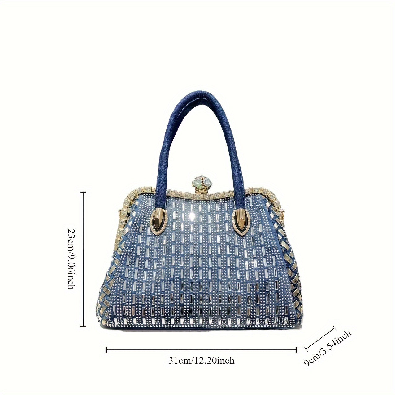 Elegant Denim Tote Bag for Women with Rhinestone Accents, Detachable Strap - Chic Blue Shoulder & Crossbody Handbag, Weaving,