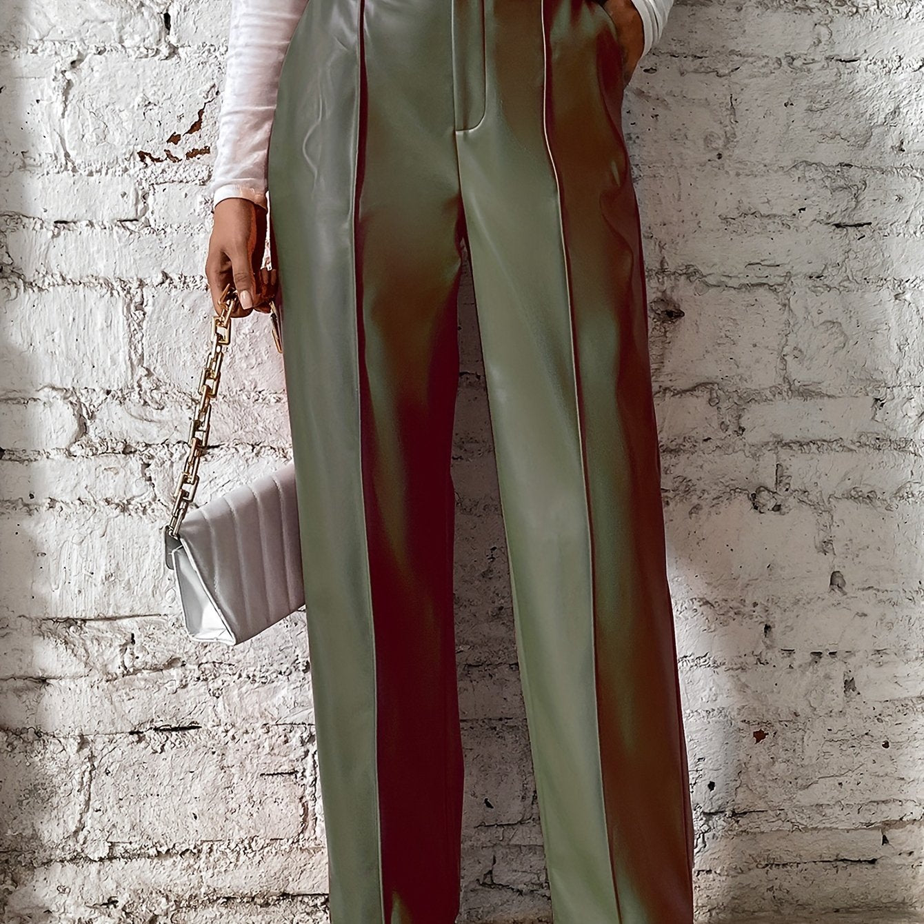 Women's Loose Casual Soft Black Burgundy Pu Leather Wide Leg Pants