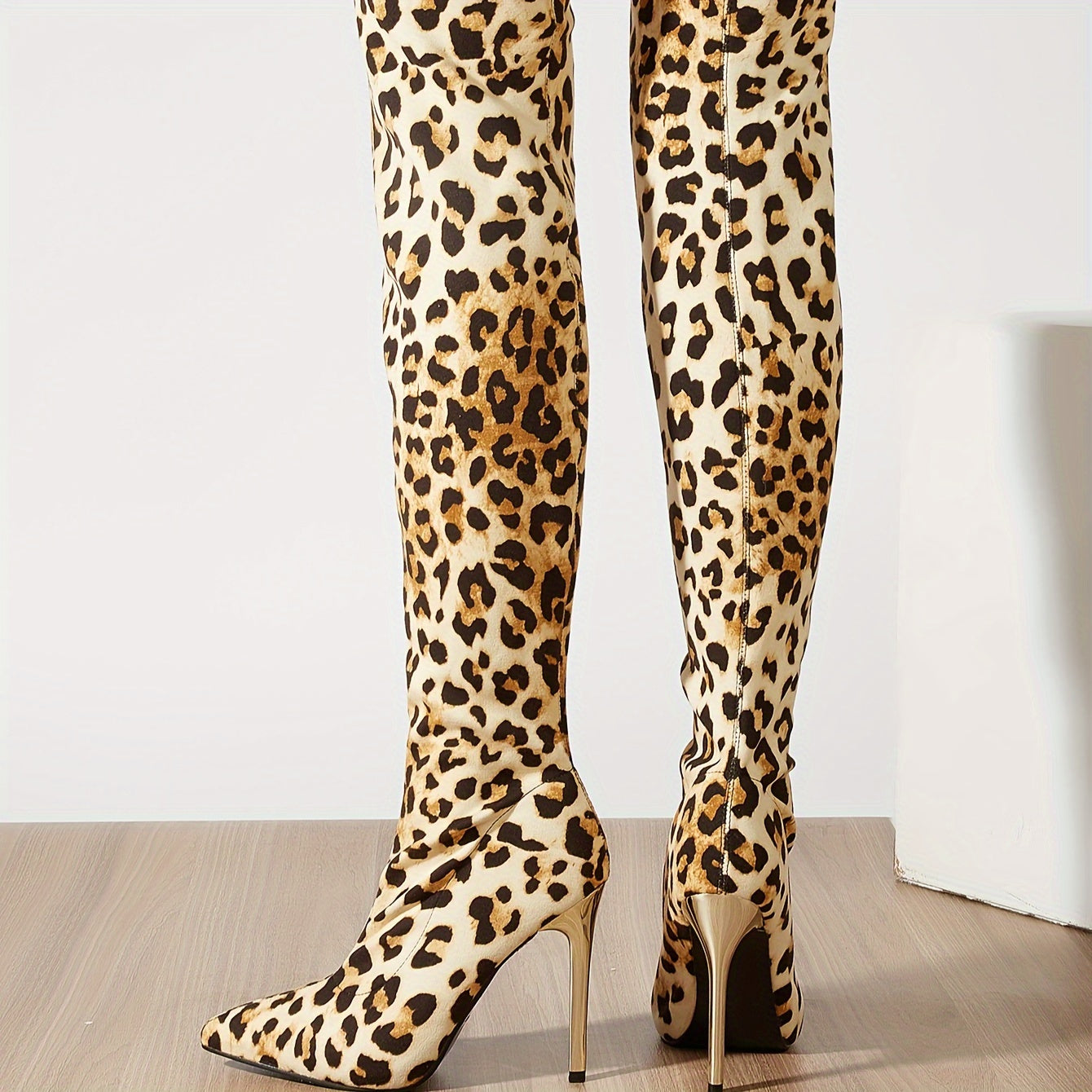 Women's Leopard Print Stiletto Heel Boots - Sexy Slip-On Over-the-Knee Fashion Boots with Pointed Toe and Elastic Fabric Upper for All Seasons
