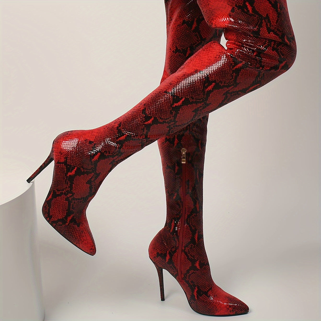 Women's Chic Snakeskin Print Over-the-Knee Boots Sexy Pointed Toe, Stiletto Heel with Side Zipper, Faux Cover