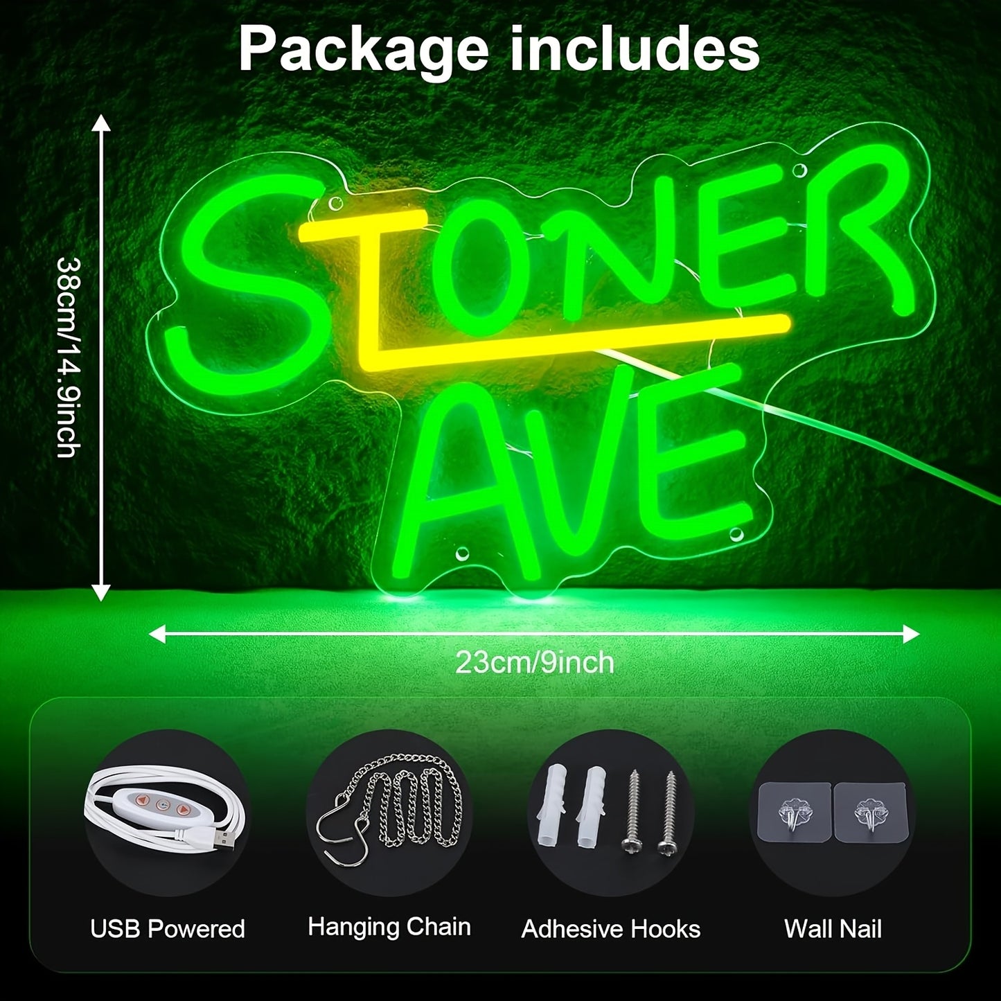 STONER AVE" Neon Sign - Green & Yellow LED Wall Art, USB Powered, No Battery Needed, Ideal for Man Cave, Garage, or Repair Shop Decor, Garage Wall Art | Retro Neon Style | Durable Plastic Sign, Neon Sign