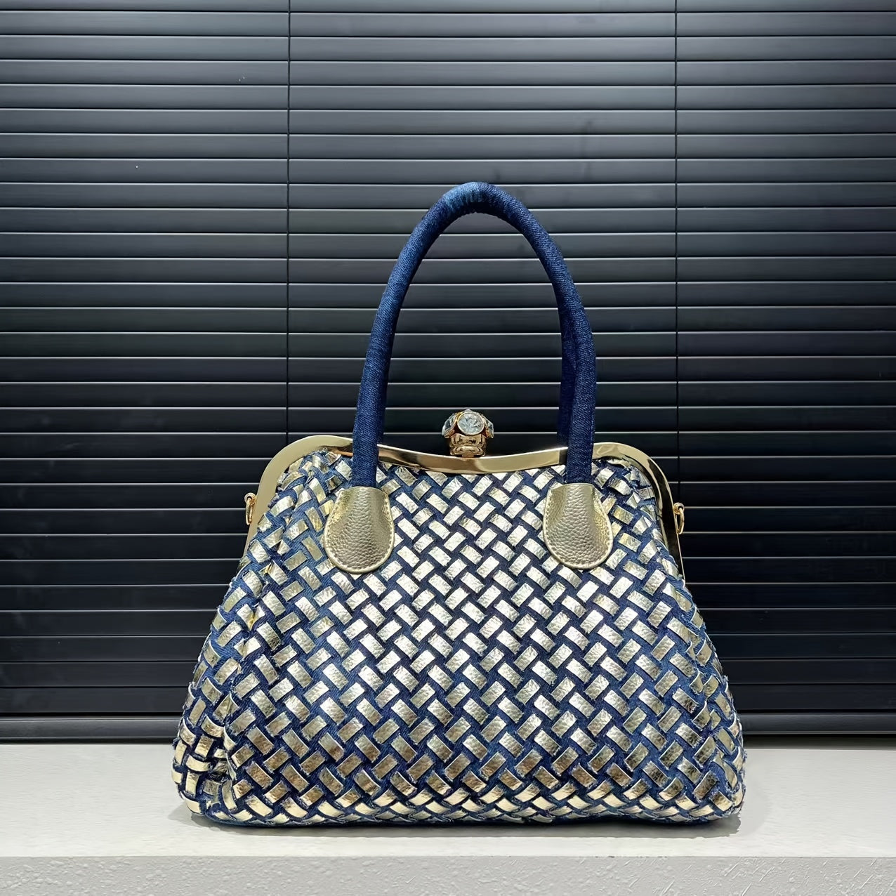 Elegant Denim Tote Bag for Women with Rhinestone Accents, Detachable Strap - Chic Blue Shoulder & Crossbody Handbag, Weaving,