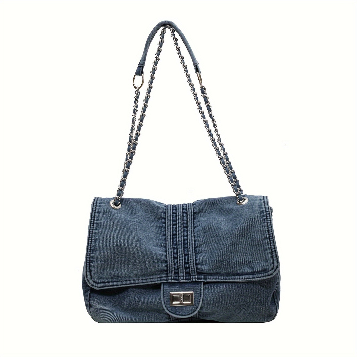 Chic Denim Crossbody Bag for Women - Casual Large Capacity Tote with Adjustable Strap, Twist Lock Closure, Blue