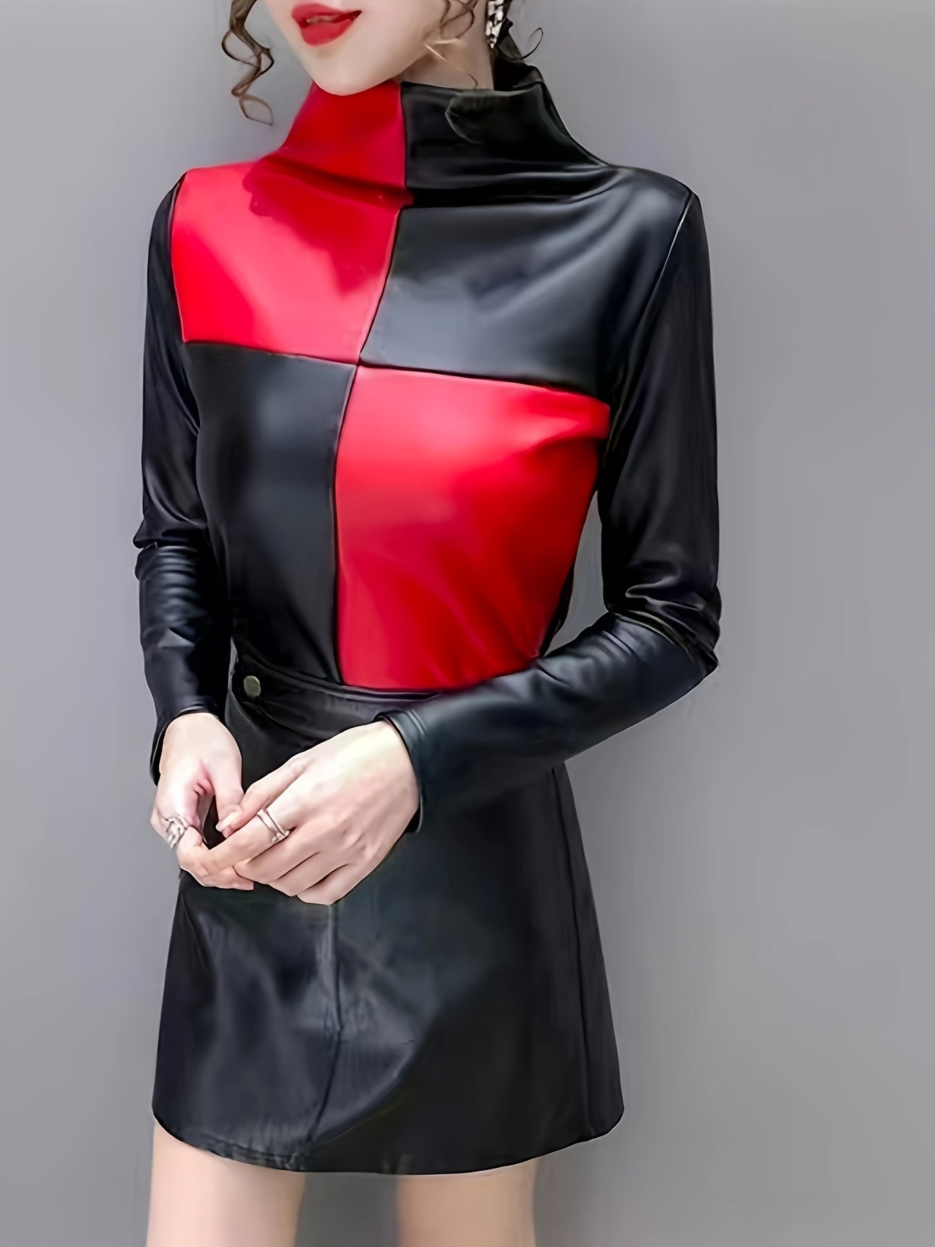 Elegant High Neck Color Block Faux Leather Blouse Polyester 100%, Stretch Fit, Solid Color Block Design