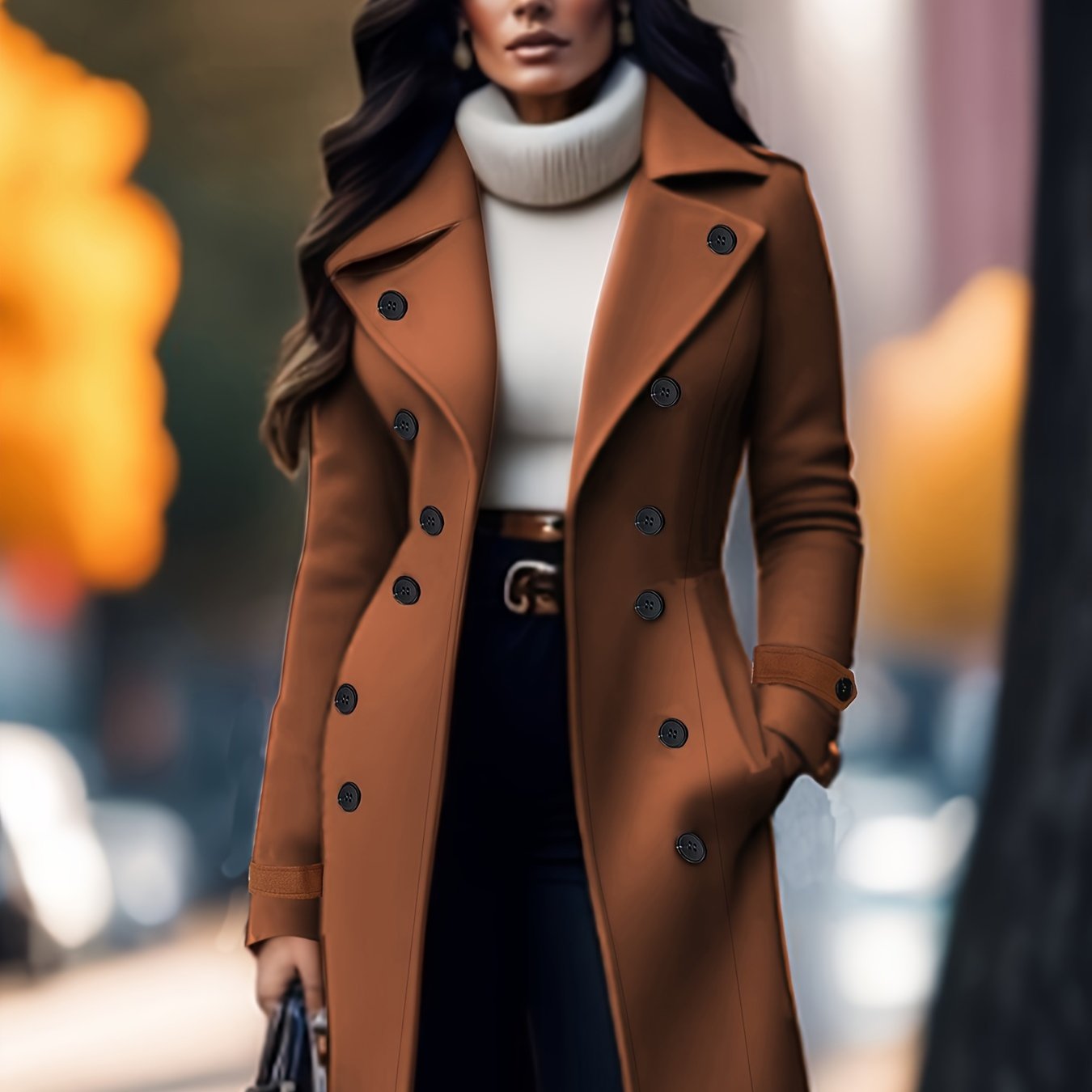 Women's Elegant Solid Color Double-Breasted Overcoat Polyester, Machine Washable, Non-Stretch Fabric - Perfect for Fall/Winter
