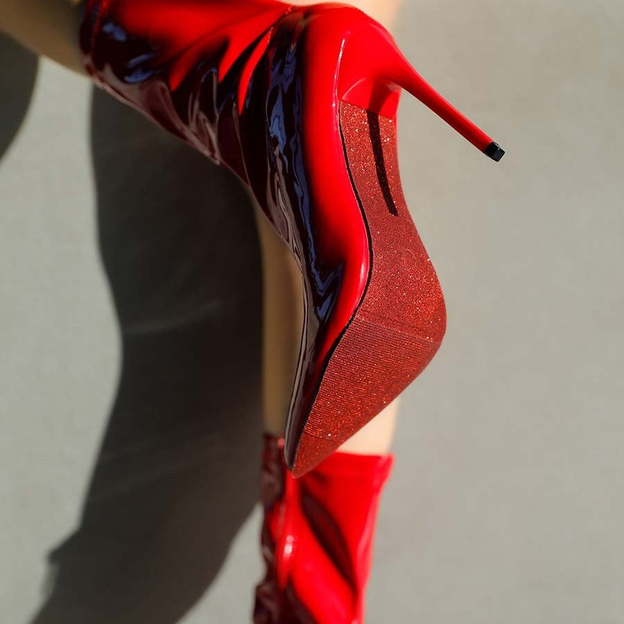 Women's Patent Leather PU Mid-Calf Boots Pointy Toe Side Zipper Fashion Comfy Sexy Kitten Heel Boots