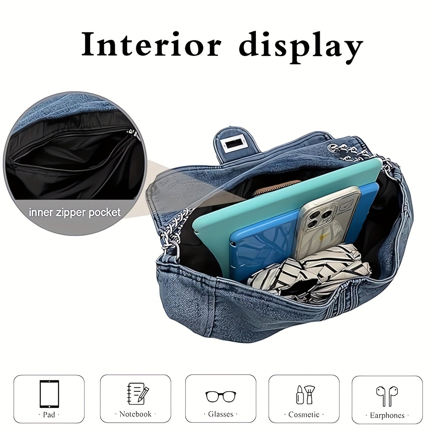 Chic Denim Crossbody Bag for Women - Casual Large Capacity Tote with Adjustable Strap, Twist Lock Closure, Blue