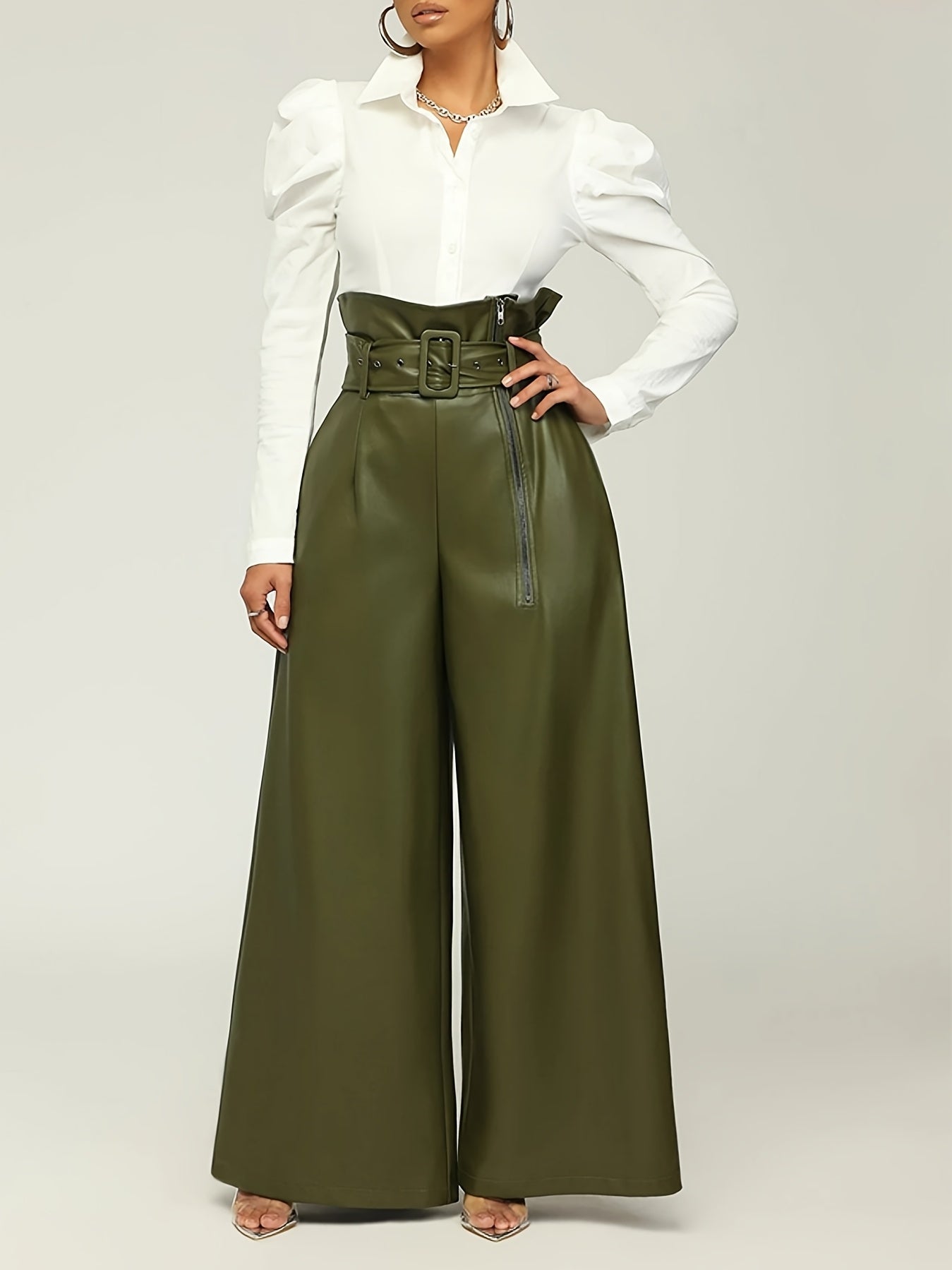 Timeless Elegance, Elegant Wide-Leg PU Leather Pants with Metal Belt - High Waist, Non-Sheer, Stretch Fabric for Women