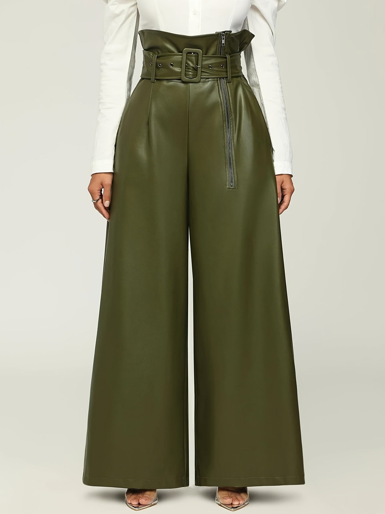 Timeless Elegance, Elegant Wide-Leg PU Leather Pants with Metal Belt - High Waist, Non-Sheer, Stretch Fabric for Women