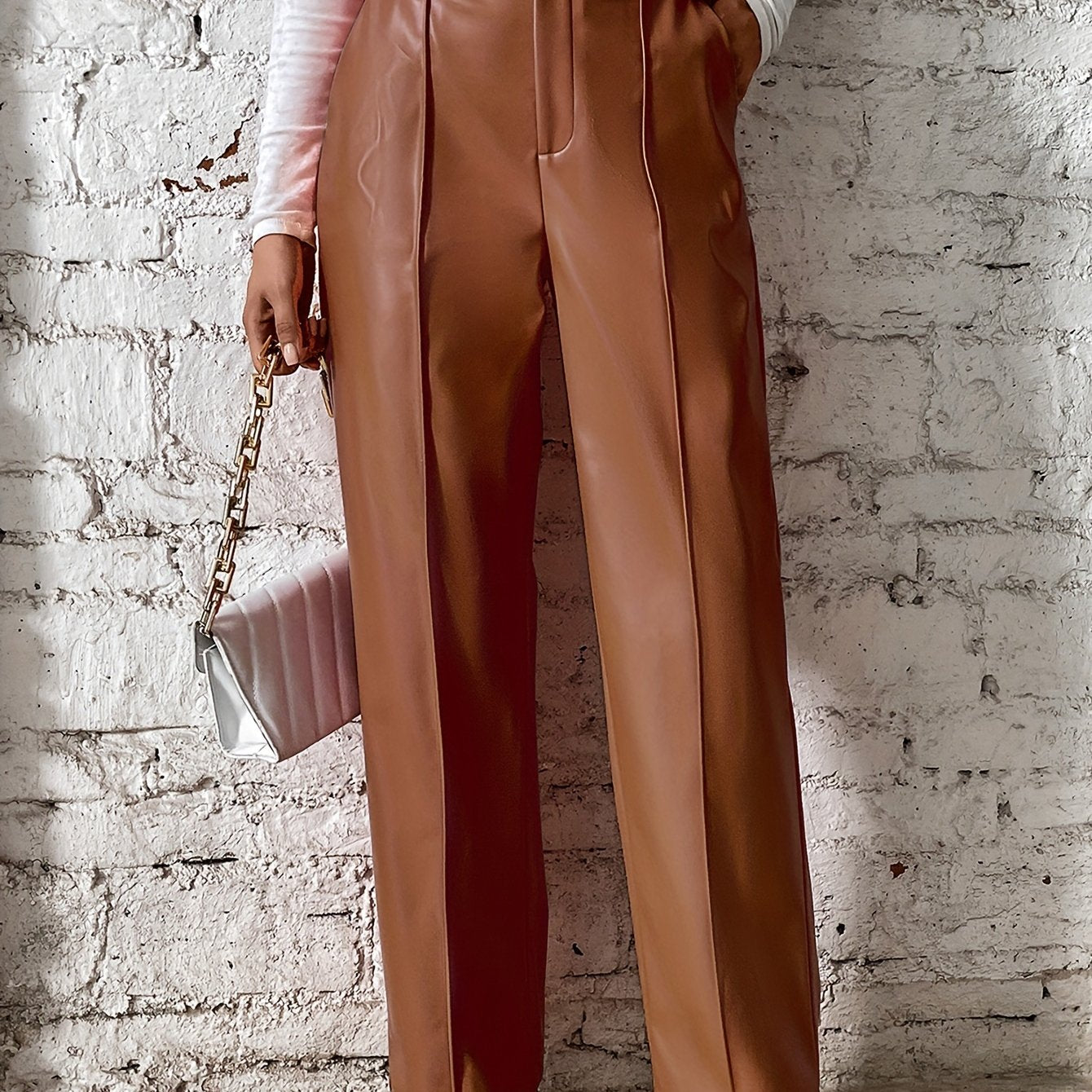 Women's Loose Casual Soft Black Burgundy Pu Leather Wide Leg Pants