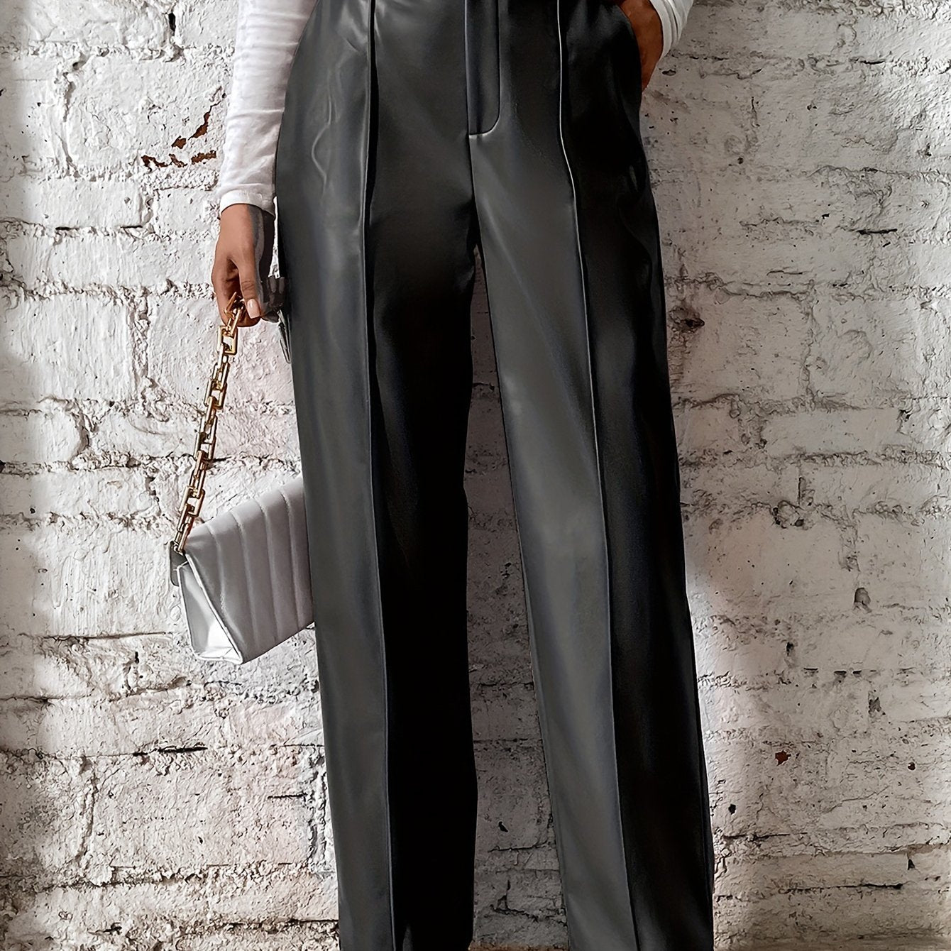 Women's Loose Casual Soft Black Burgundy Pu Leather Wide Leg Pants