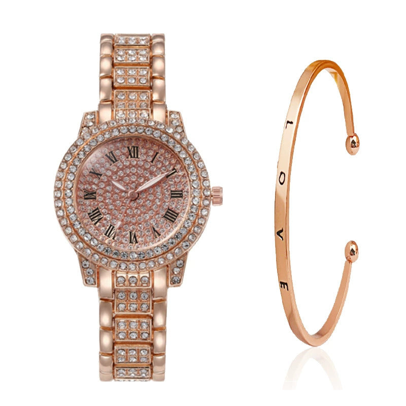 Women' Rhinestone Quartz & Jewelry Set - Roman Numeral Dial, Shockproof Zinc Alloy Case Wristwatch with Matching Bracelet