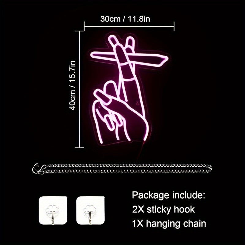 USB-Powered Pink LED Neon Gesture Sign - Stylish Hand Design for Wall Decor, Perfect for Bedroom, Living Room, Office, Bar, and Game Room, Cute Room Decor