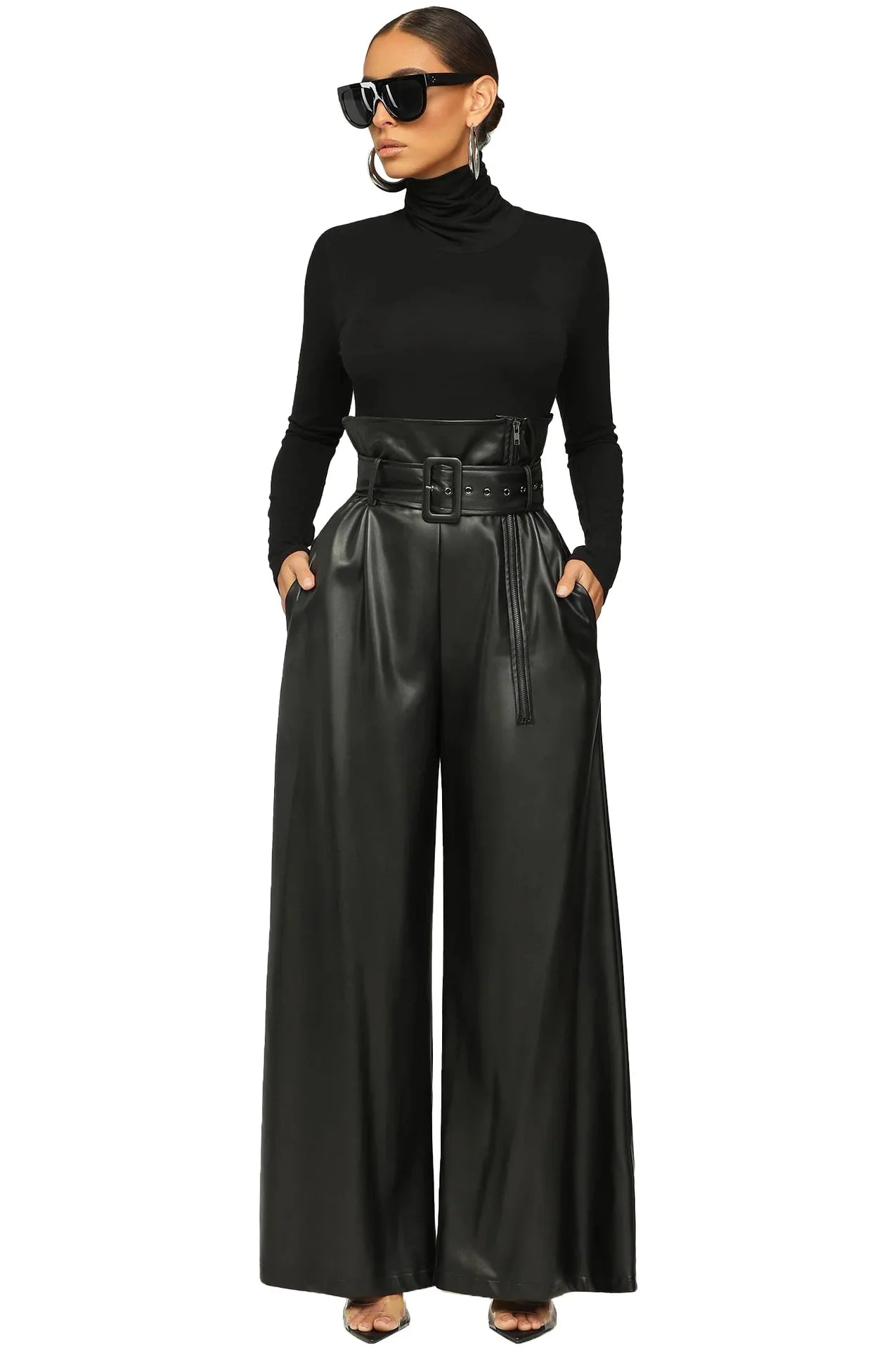 Women's Fashion Faux Leather High Waist with Sashes Zipper Side Wide Leg Loose Pants Street PU Trousers