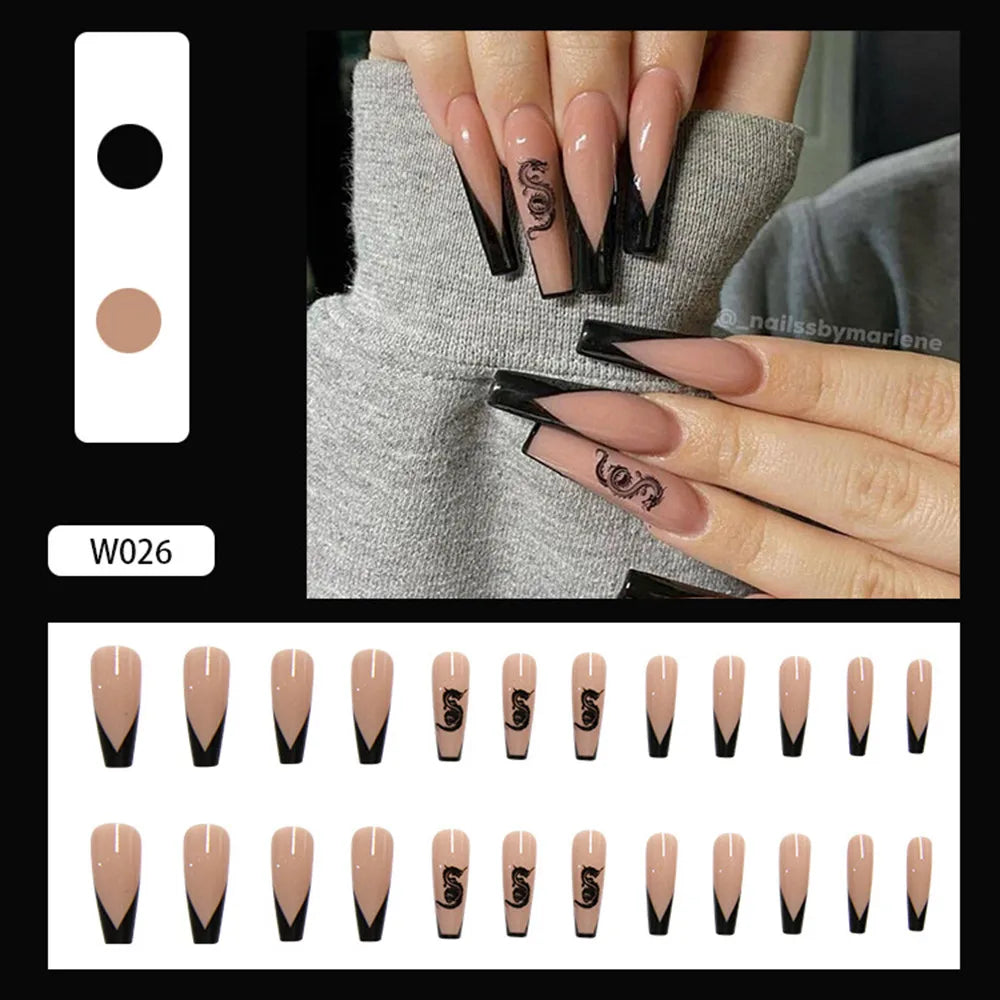 24Pcs Black French Press on Fake Nails Diamonds Bow Design False Nails Elegant Glitter Nail Long Square Full Cover Manicure Tips
